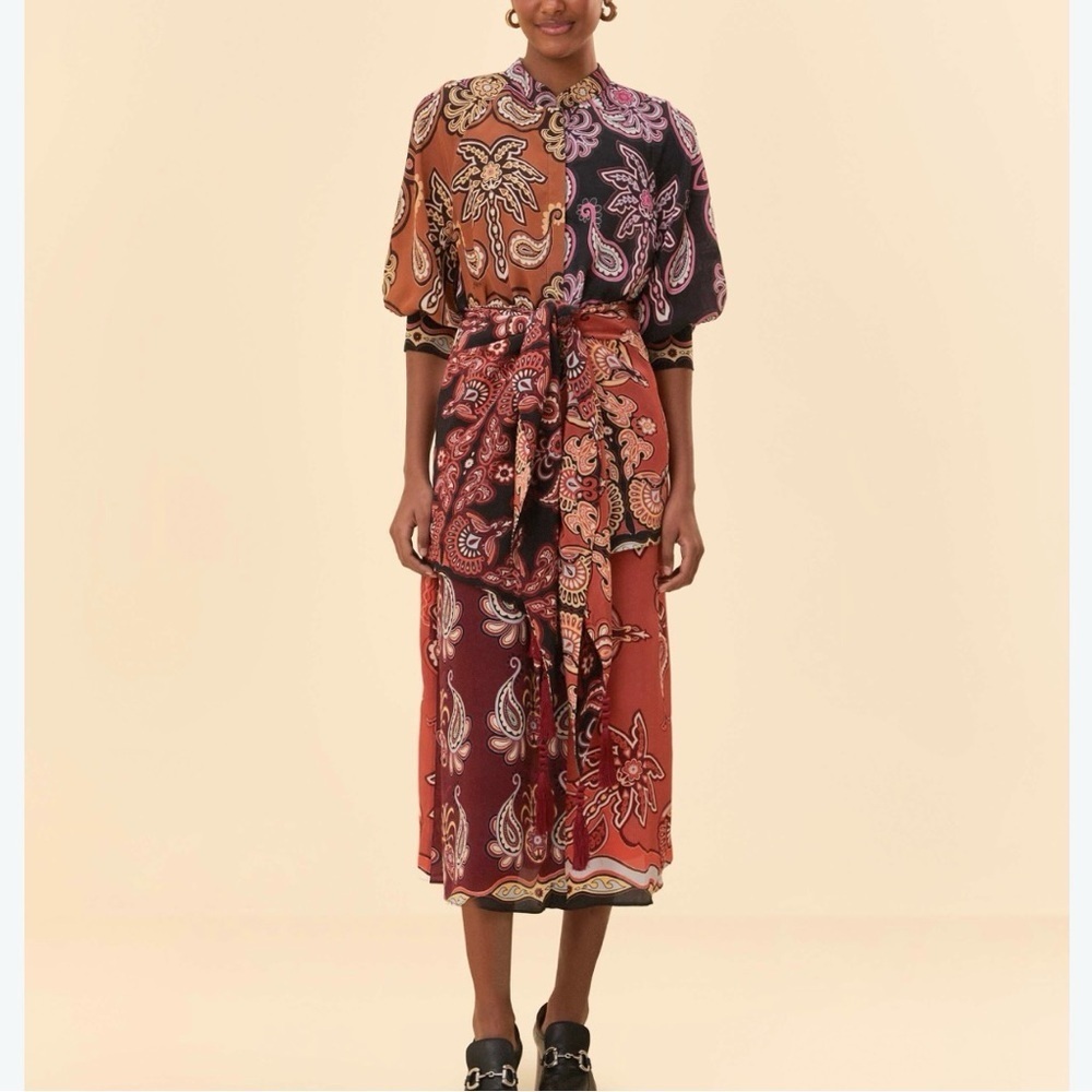 Farm Rio Sweet Mermaids Midi Shirt Dress L Colorblock Mixed Print Paisley Boho
